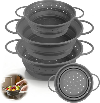 3 Pack Collapsible Colander with Strainer Bowl Set, 11 & 13 In BPA-Free Silicone Colanders for Kitchen, Heat-Resistant Strainer Dishwasher Safe Baskets for Vegetable Fruits(White)