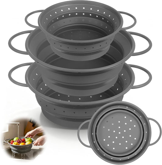 3 Pack Collapsible Colander with Strainer Bowl Set, 11 & 13 In BPA-Free Silicone Colanders for Kitchen, Heat-Resistant Strainer Dishwasher Safe Baskets for Vegetable Fruits(White)
