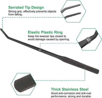 HARFINGTON Stainless Steel Tweezers 4.9 Inch Precision Tweezers with Curved Serrated Tip Multi-Purpose Kitchen Tongs for Cooking Gardening Repairing Craft, Black