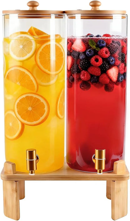 1.5 Gallon 2 Pack Glass Drink dispenser for parties,Beverage Dispenser With Wood Stand,Water Dispensers with spigot,lemonade dispenser,juice containers & water pitcher with lid