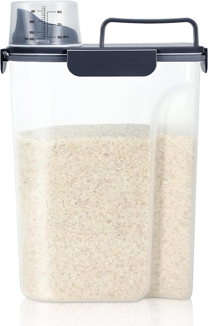 LEAWALK Airtight Rice Storage Container, 3-5Lbs Cereal Dry Food Flour Bin, Pet Dog Cat Food Dispenser with Measuring Cup, BPA Free Plastic Kitchen and Pantry Organization Bin for Sugar-Clear Grey
