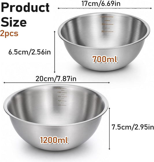 2Pcs Stainless Steel Mixing Bowls 6. 7" 7.8" Metal Bowl, Silver 700/1200ml