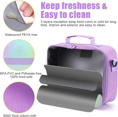 Cerbonny Kids Lunch Box, Insulated Lunch Bag for Girls and Boys, Durable Polyester with PEVA Lining, Adjustable Shoulder Strap, 10.8"L x 4"W x 8.8"H, 5 Pockets