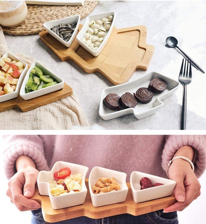 White Tree Plates Chip & Dip Set, 11 Inches Ceramic Snack Plate with Bamboo Tray, Removable Porcelain Christmas Tree Appetizer Dessert Fruit Salad Saucers Bowl, Cutlery Platter Serving Dish