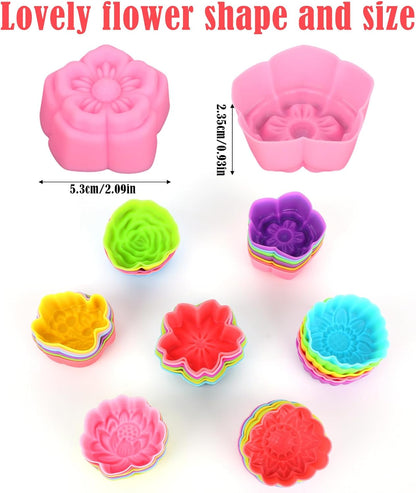 42pcs Reusable Silicone Baking Cups, 7 Styles Flower Shaped Silicone Molds Non-Stick Mini Cupcake Cases & Muffin Liners for Baking Jello Candy Soap Making (Multi-Color)