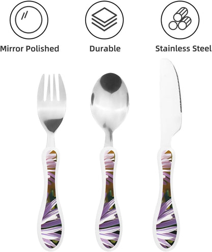 3-Piece Kids Silverware Set With Storage Case, Stainless Steel Reusable Children Safe Knife Spoon Fork Set Blue Active Girl Running Sunset Children Flatware Set For Kids Lunch Box - Colors C