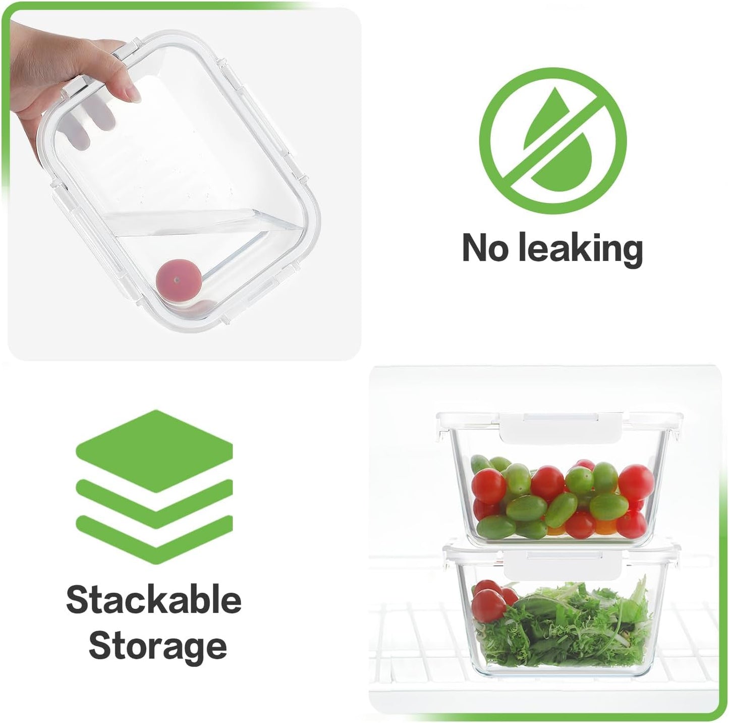 HOMBERKING 4 Pieces 63oz/8cup Large Glass Food Storage Containers with Lids, Meal Prep Containers, Airtight Bento Boxes with Leak Proof Locking (2 Containers + 2 Lids) - Microwave, Oven Safe