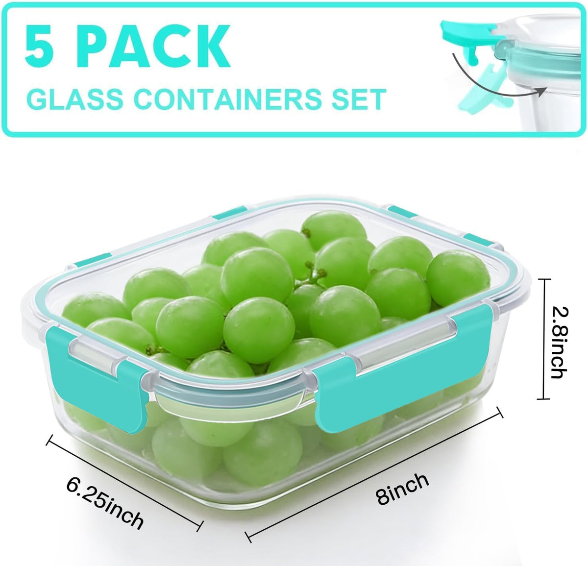 VERONES 5 Pack 36 OZ Glass Meal Prep Containers, Airtight Glass Lunch Containers Set, Glass Food Storage Containers with Lids,Exclusive of BPA, for Microwave, Oven, Freezer & Dishwasher Friendly,Grey