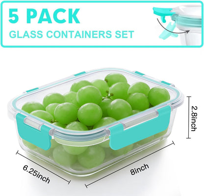 VERONES 5 Pack 36 OZ Glass Meal Prep Containers, Airtight Glass Lunch Containers Set, Glass Food Storage Containers with Lids,Exclusive of BPA, for Microwave, Oven, Freezer & Dishwasher Friendly,Grey
