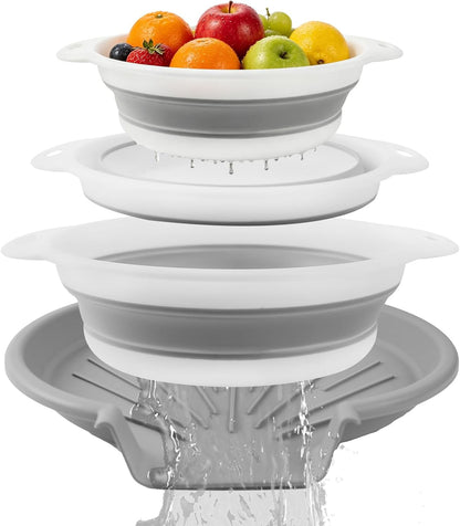 Collapsible Colanders Set of 4 - Food Strainers with Oversized Over Sink Draining Tray, Space Saving Foldable Kitchen Strainer Basket for Washing Vegetables, Fruit, Pasta & Rice, BPA-Free