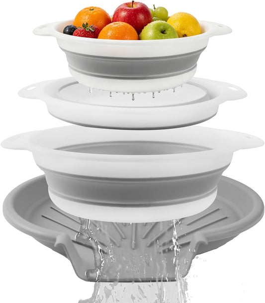 Collapsible Colanders Set of 4 - Food Strainers with Oversized Over Sink Draining Tray, Space Saving Foldable Kitchen Strainer Basket for Washing Vegetables, Fruit, Pasta & Rice, BPA-Free