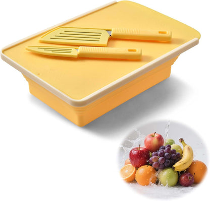 Collapsible Drainer Basket , with Colander, Cutting Board and Knives, Multifunctional Kitchen Vegetable Washing Basket, Camping sink, Gifts for Camper Kitchen Organization, Picnic Essentials (Grey)