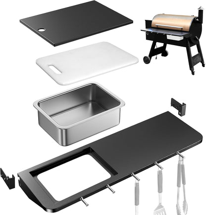 QuliMetal Folding Front Shelf for Traeger Pro 34, Texas Elite 34, Century 885 and Eastwood 34, 37" x 12" Heavy-Duty Grill Prep Table with Cutting Board, Stainless Steel Basin, Lid and 5 Hooks