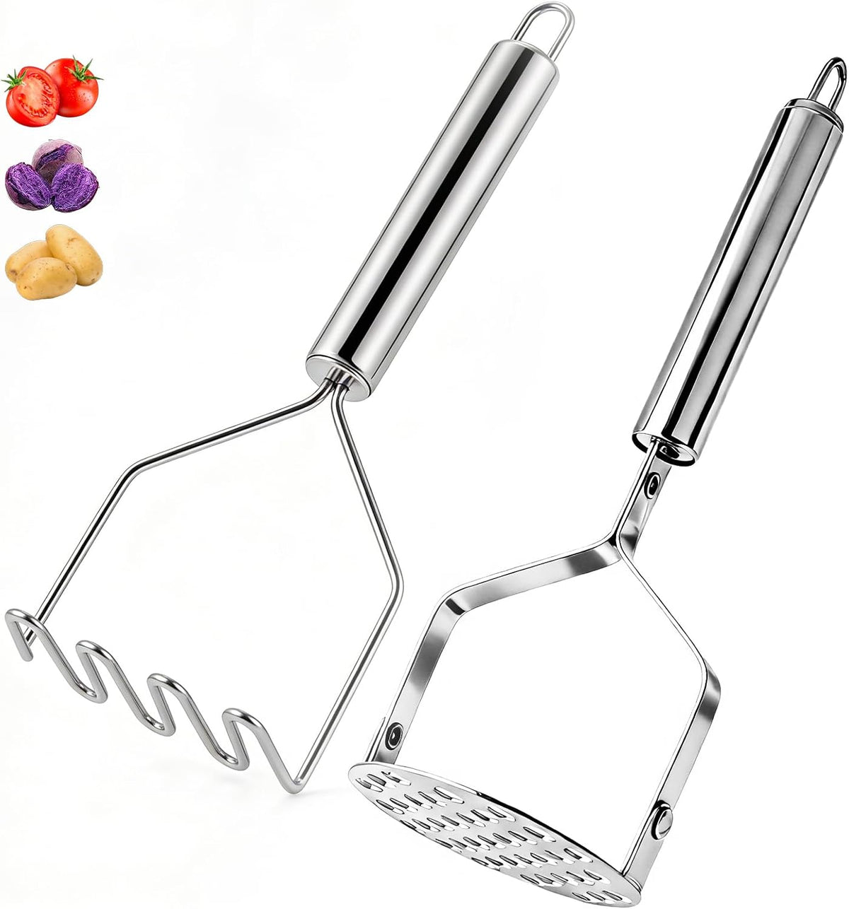 2Pcs Potato Masher & Meat Masher Set, Stainless Steel Smasher
