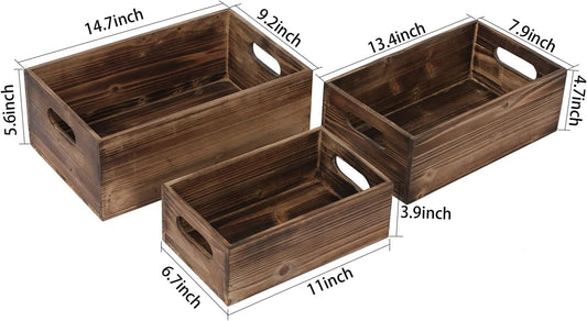 Rustic Wooden Crates for Storage Set of 3, Decorative Storage Containers with Metal Wire, Wood Crates for Farmers Market Display, Farmhouse Wood Storage Boxes for Kitchen Countertop Decor