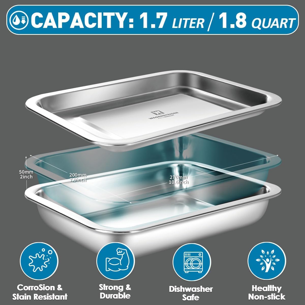 Stainless Steel Food Prep Container with Rack & Lid (Tray), 4.54Quarts, Catering Pans, Restaurant Pans, Buffet Party pan, Roasting Pan with Rack, Bakeware Roaster, Casserole (1307 / No7)