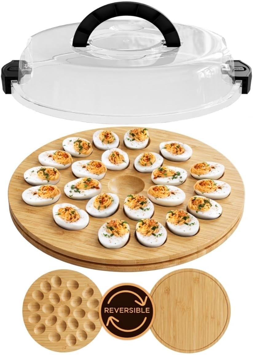 Trauful Deviled Egg Carrier with Lid and Handle | Reversible | Wooden Portable Deviled Egg Containers with Lid for Party Travel | Covered Platter Tray Holder | Holds 22 Eggs, Acacia Wood