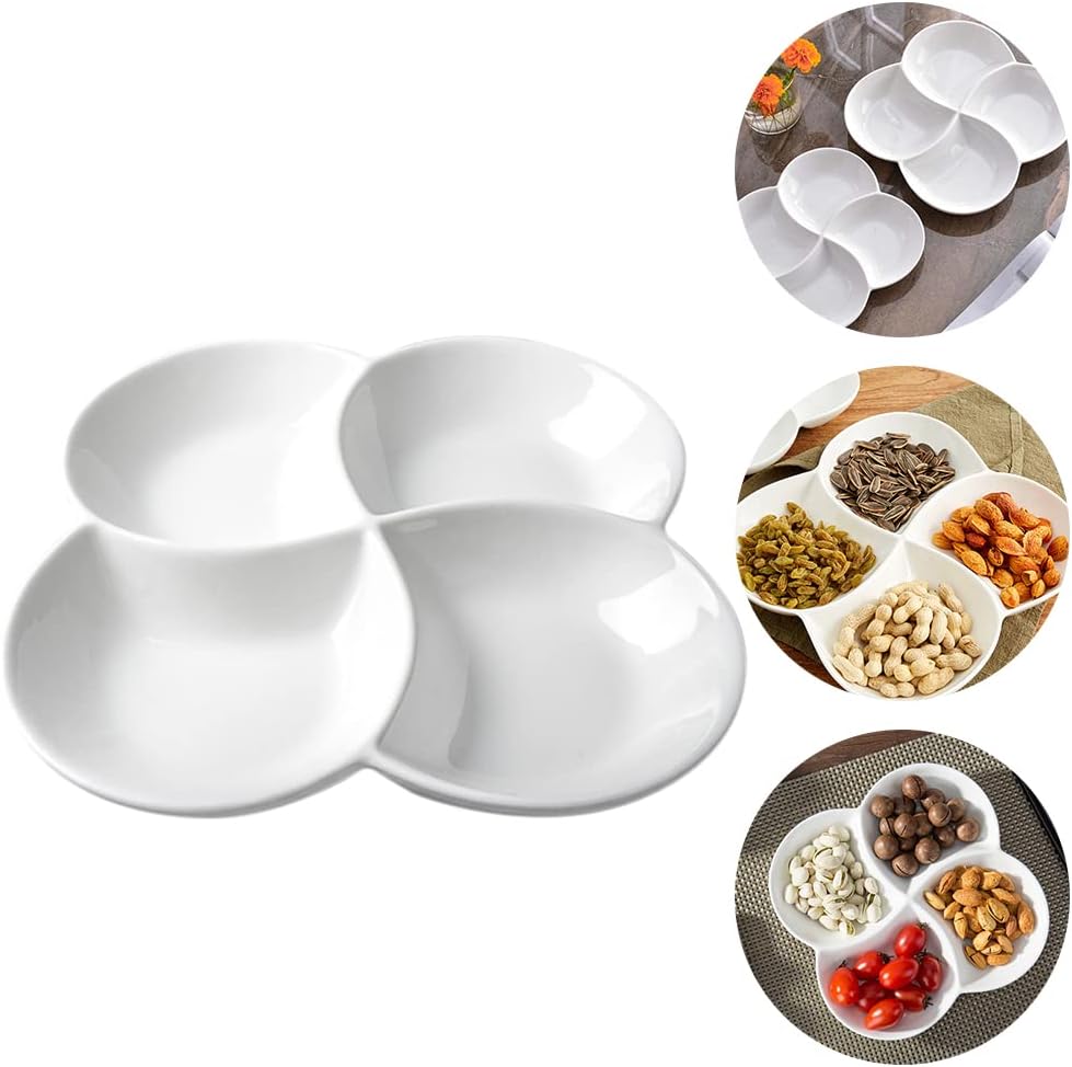 Cabilock 10.45 Inch Melamine 4-Compartment Fruit Plate Snack Tray Rotating Serving Dish White for Parties Kitchen Entertaining