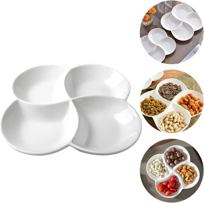 Cabilock 10.45 Inch Melamine 4-Compartment Fruit Plate Snack Tray Rotating Serving Dish White for Parties Kitchen Entertaining