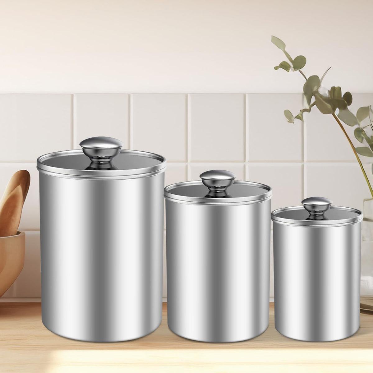 ENLOY 165oz Stainless Steel Airtight Canister for Kitchen, Large Flour Coffee Bean Tea Cereal Sugar Cookie Metal Food Storage Canisters with Clear Lid and Sturdy Locking Clamp (7.7 * 7.7 * 8.4in)