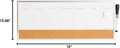 U Brands Magnetic Dry Erase Weekly Calendar White Board With Cork Strip, 18" x 7.5", Silver Aluminum Frame, Includes Magnet, Marker