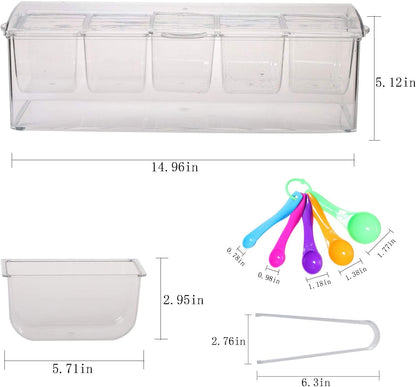 MorTime Ice Chilled Condiment Server with 5 Removable Compartments, Clear Sauce Caddy Serving Tray Container with Lid, 3 Serving Spoons & 3 Tongs Included