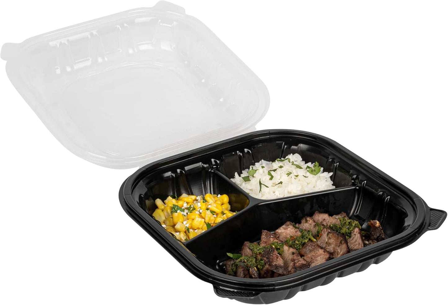 Thermo Tek 40 Ounce Clamshell Containers, 50 Disposable Take Out Boxes - 3 Compartments, Ventilated Lids, Black Plastic Meal Prep Containers, Microwavable, For Pasta Or Salads - Restaurantware