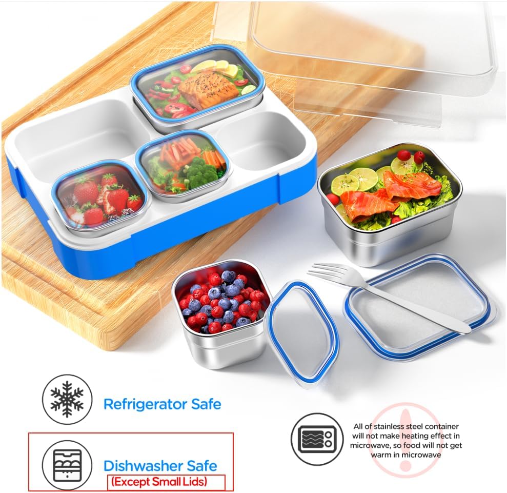 DaCool Stainless Steel Lunch Box Bento for Kids Adults Leakproof BPA-Free Metal Lunch Containers Tray 5-Compartment with Fork for Girls Food Snack Containers for School Outdoors, Pink