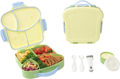 SAYAPE Kids Bento Lunch Box - Toast-Shaped 4-Compartment Lunchable Food Container with Sauce Cup, Utensils & Brush, BPA-Free, Reusable Snack Container with lid, Ideal for School & Travel - Blue