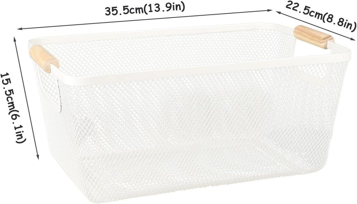 Potato and Onion Storage Bin, 2 Set Potato Bin Storage and Onion Container with Wooden Handle, Pantry Kitchen Organization and Storage, Metal Mesh Baskets for Fruit, Vegetable, Produce-White