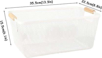 Potato and Onion Storage Bin, 2 Set Potato Bin Storage and Onion Container with Wooden Handle, Pantry Kitchen Organization and Storage, Metal Mesh Baskets for Fruit, Vegetable, Produce-White