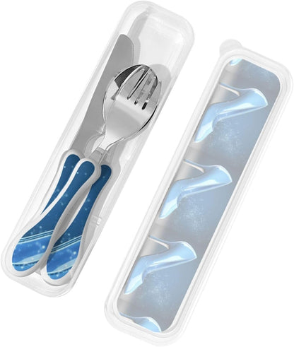 3-Piece Kids Silverware Set With Storage Case, Stainless Steel Reusable Children Safe Knife Spoon Fork Set Blue Lotus Floral Children Flatware Set For Kids Lunch Box