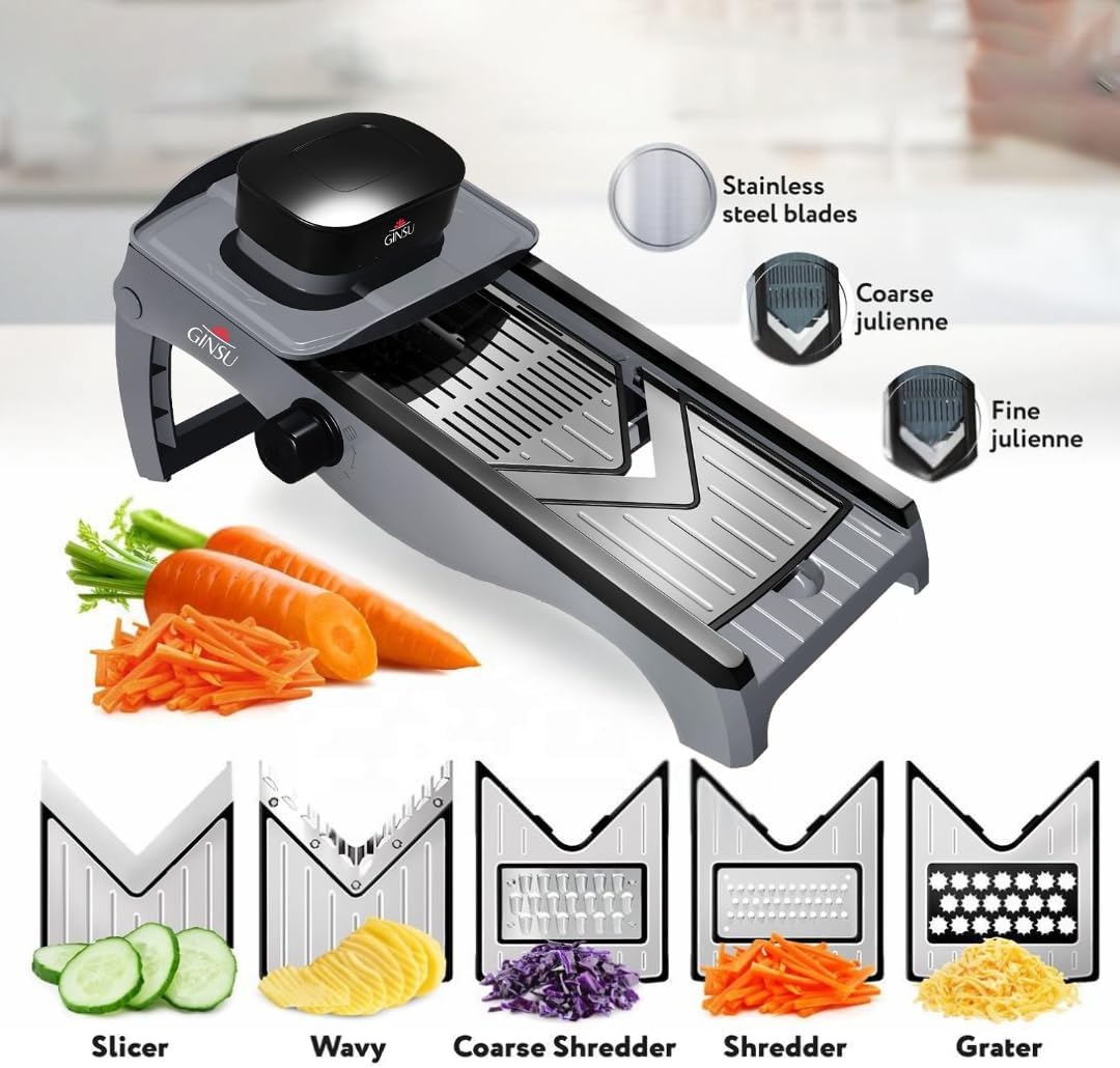 GINSU Stainless Steel Mandoline Slicer – Adjustable Food Slicer 14x6x3in, Precision Vegetable Cutter with Safety Guard, Non-Slip Base & Easy Clean Design