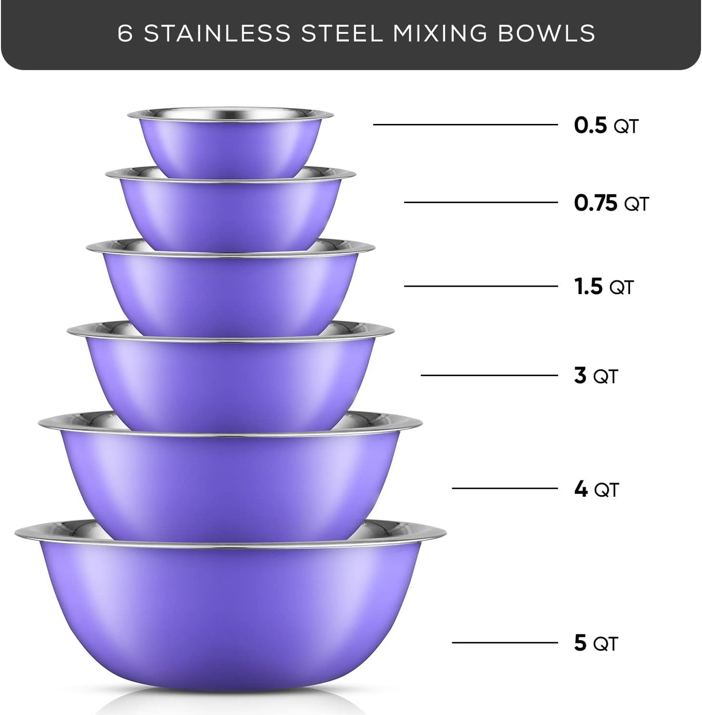 JoyJolt Stainless Steel Mixing Bowl Set - 6 Piece Nesting Bowls, 5qt to 0.5qt, Ideal for Kitchen, Cooking, Baking and Storage