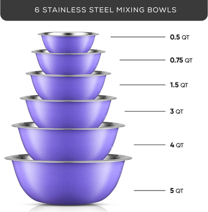 JoyJolt Stainless Steel Mixing Bowl Set - 6 Piece Nesting Bowls, 5qt to 0.5qt, Ideal for Kitchen, Cooking, Baking and Storage