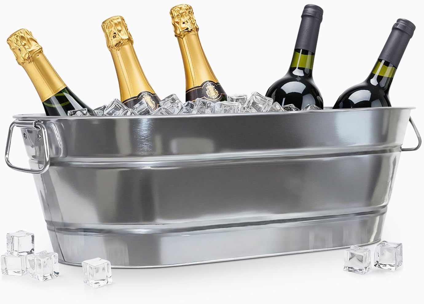 PLEXON Metal Ice Bucket for Parties - Galvanized Tub with Handles - Beverage Tub - Ice Bucket for Cocktail Bar Restaurant - Drink Beer Champagne Chiller Cooler - 5.3 Gallon (20L), Set of 2