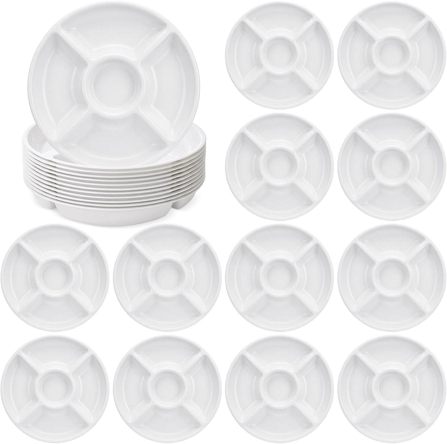 24 Pcs 5 Sectional Plastic Divided Serving Trays Bulk 12 Inch Round Chip and Dip Plates Fruit Veggie Appetizer Platter Snack Tray for Holiday Party Family Gathering(Black)