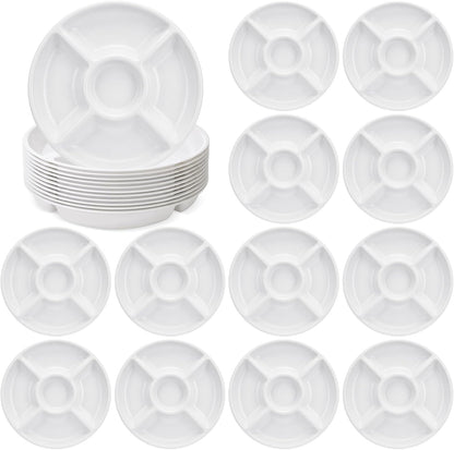 24 Pcs 5 Sectional Plastic Divided Serving Trays Bulk 12 Inch Round Chip and Dip Plates Fruit Veggie Appetizer Platter Snack Tray for Holiday Party Family Gathering(Black)