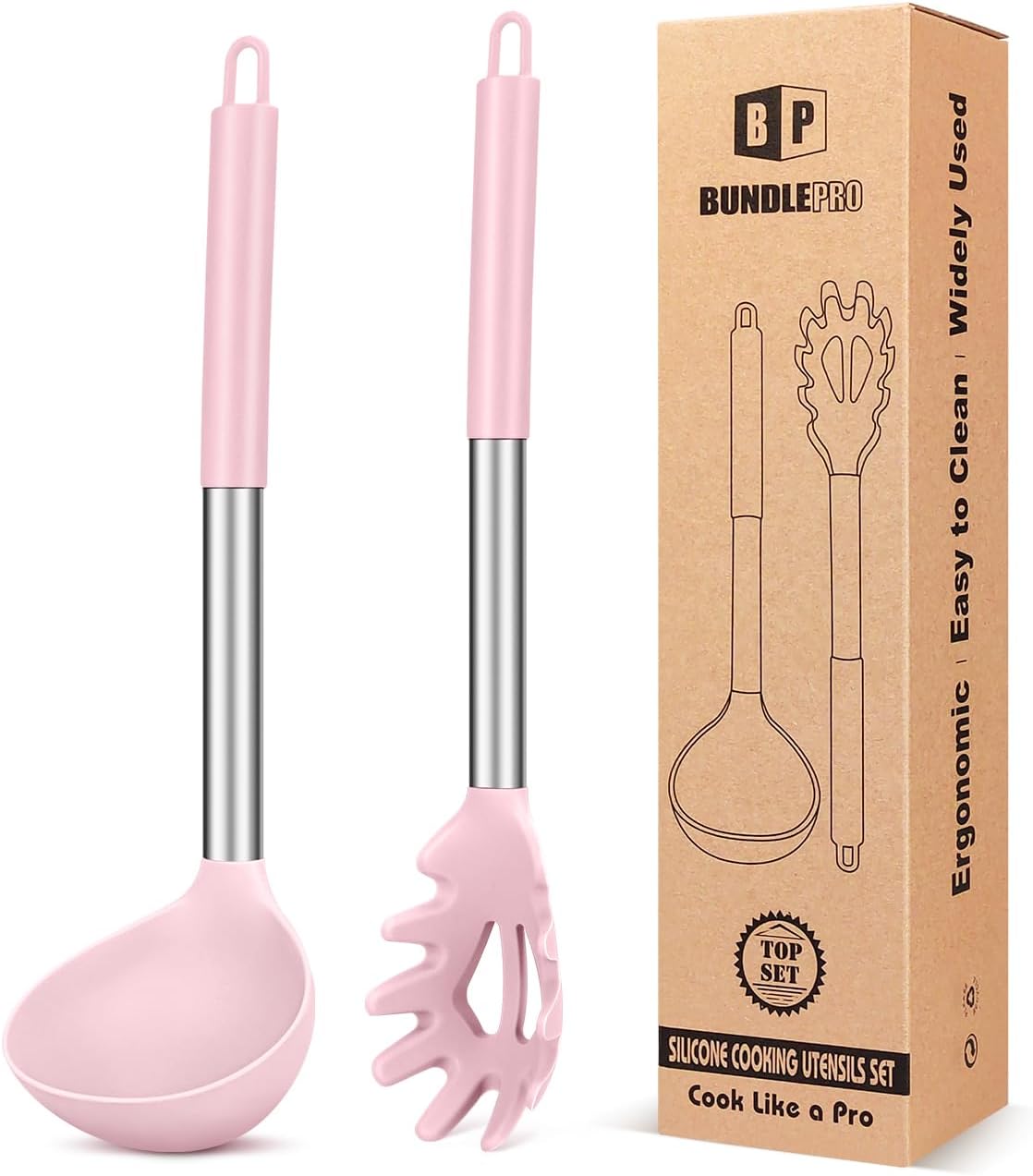BUNDLEPRO Silicone Soup Ladle and Pasta Spoon Set, 2 Pack, Gray