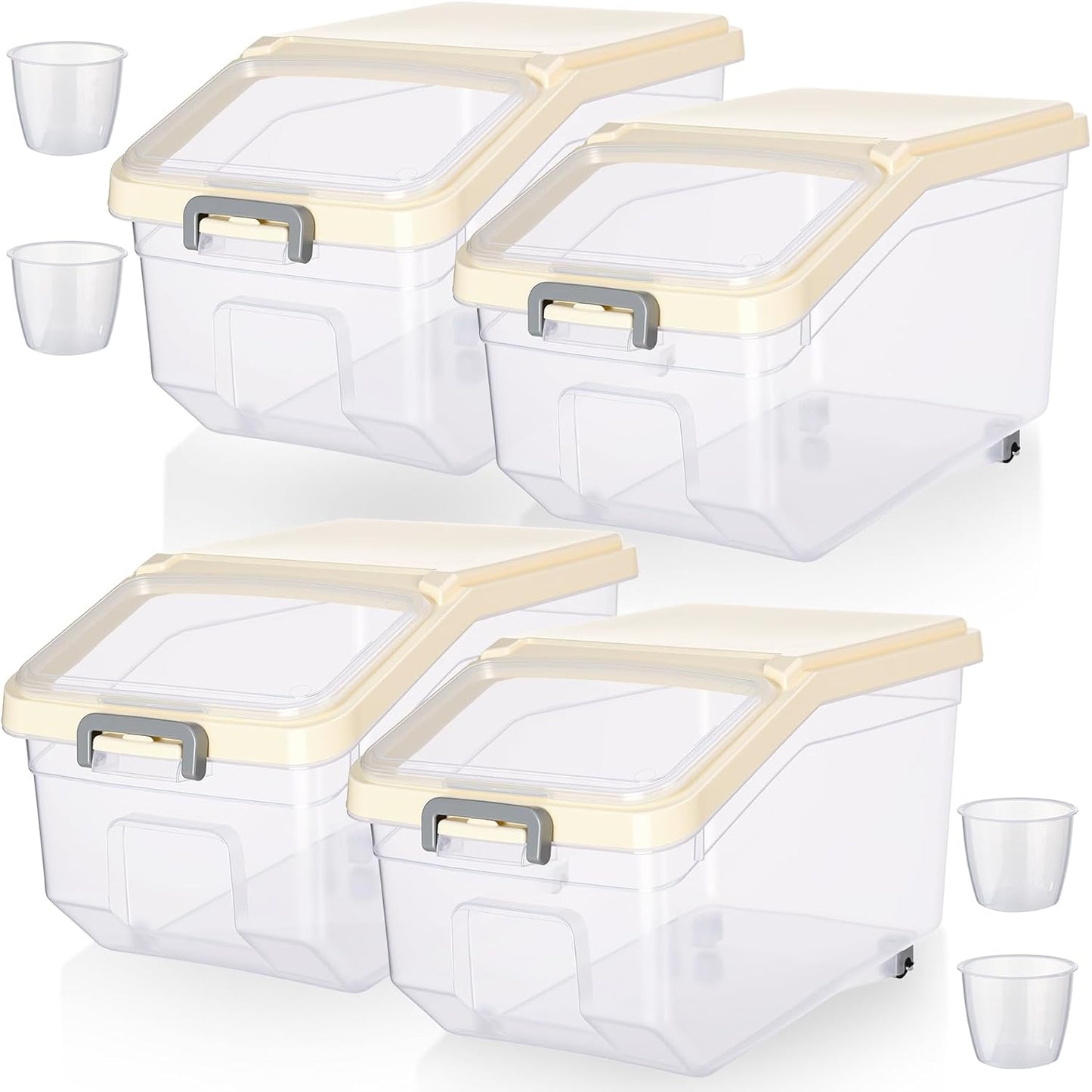 Sunnyray 4 Pcs Rice Storage Containers Bulk Flour Sugar Container Wheels Measuring Cups Set Airtight Pet Dog Cat Birds Food Bin Grain Cereal Organizer Box for Dry Baking (Beige,38 lb)