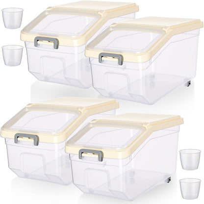 Sunnyray 4 Pcs Rice Storage Containers Bulk Flour Sugar Container Wheels Measuring Cups Set Airtight Pet Dog Cat Birds Food Bin Grain Cereal Organizer Box for Dry Baking (Beige,38 lb)