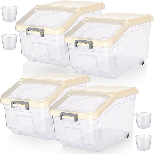 Sunnyray 4 Pcs Rice Storage Containers Bulk Flour Sugar Container Wheels Measuring Cups Set Airtight Pet Dog Cat Birds Food Bin Grain Cereal Organizer Box for Dry Baking (Beige,38 lb)