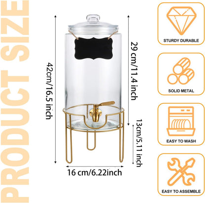 Drink Dispensers for Parties 1 Gallon, Bevarage Dispenser with Stand,Glass Drink Dispenser With Stainless Steel Spigot + Marker & Chalkboard, Ideal for Lemonade,Juice, Tea, and Party Drinks