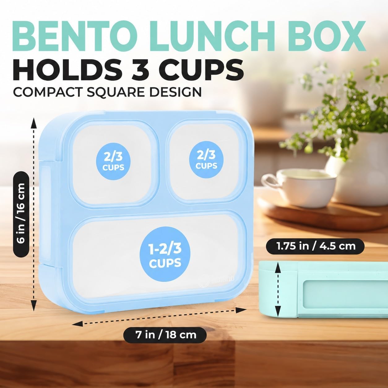 kinsho Medium Bento Boxes for Kids, Lunch Box for Boys Girls Toddler Adults, Leak-Proof 3 Compartment Containers for Meal or Snack at School Daycare Work Travel, BPA Free 2 Pack (Pastel Blue + Pink)