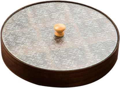 Divided Serving Tray with Glass Lid, Wood Snack Tray Decorative Bowl Dry Fruits Food Organizer for Candy, Fruits, Nuts, Snacks, 30x30x4cm