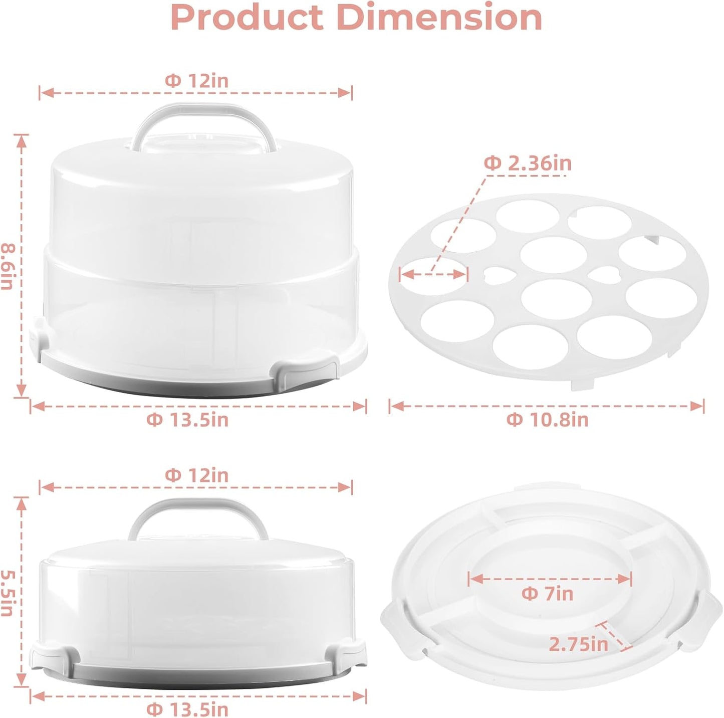 12in Extra Large Cake Carrier with Lid and Handle, Holds up to 12" round 7" high cake, Portable Cake Container for Transport Pies, Cupcakes, Cakes and More