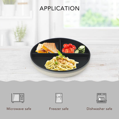 greenandlife 9 Inch 4PCS Portion Control Plates with Lids, Divided Plates for Kids Adults, Dishwasher Microwave Safe Compartment Plate, Unbreakable Lightweight Reusable Wheat Straw Plate, Earth Tone