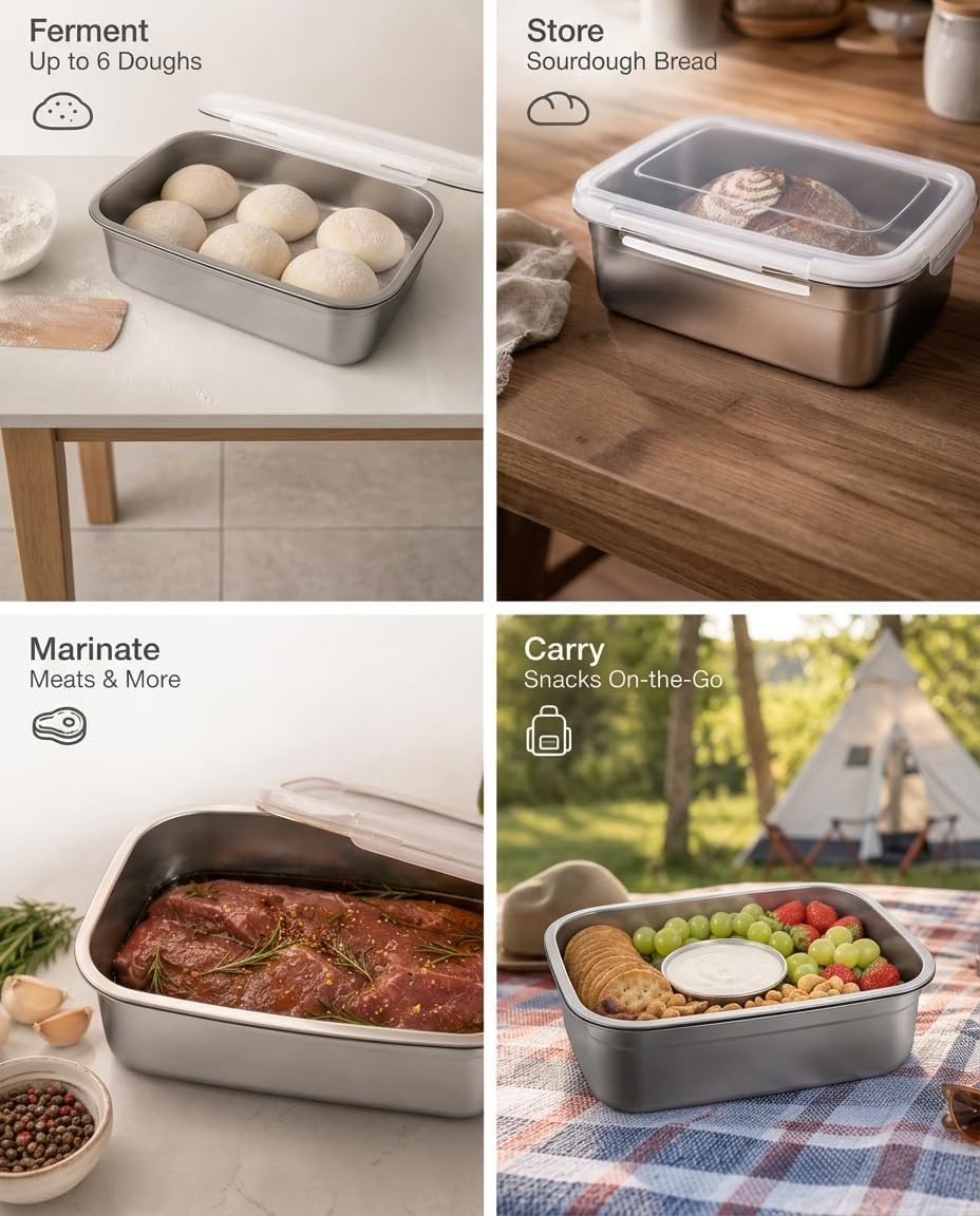 Pizza Dough Proofing Container, 29oz/850ml Stainless Steel Proofing Box with Clear Airtight Lids, Stackable Fermentation Storage for Pizza, Bread, Sourdough, Includes Dough Cutter