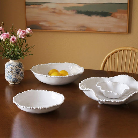 Beatriz Ball Vida Alegria Chip & Dip | Luxury White Melamine Chip & Dip Platter | Elegant Luxury Melamine with Pearl Rim, Ideal for Modern Serving Sets, Mix & Match, Suitable for Indoor/Outdoor Use
