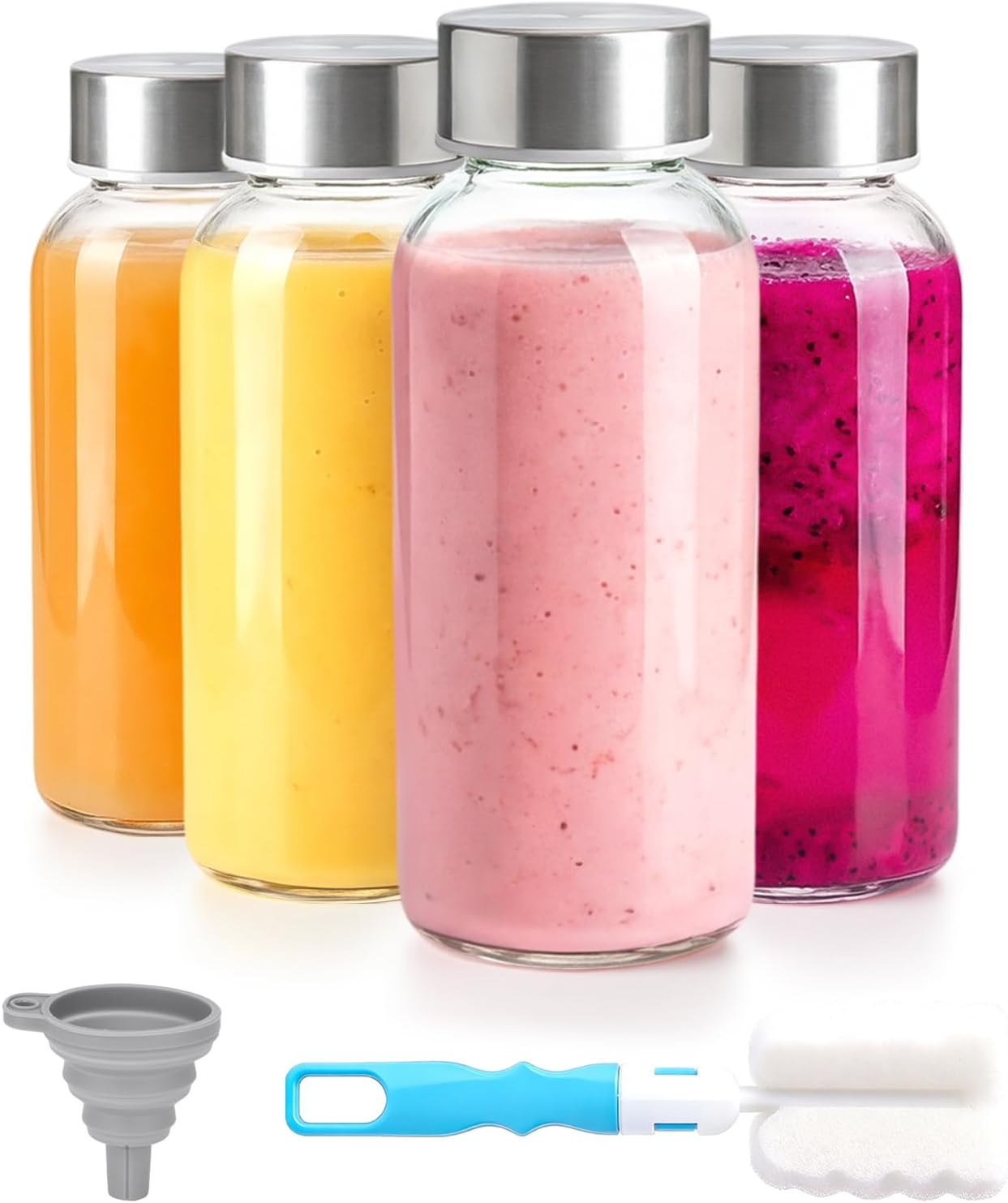 Zukro Glass Juice Bottles with Lids for Juicing 18 oz, Reusable Clear Glass Water Bottles with Stainless Steel Airtight Cap for Refrigerator, 100% Leak Proof Drinking Jar, BPA Free, Set of 6